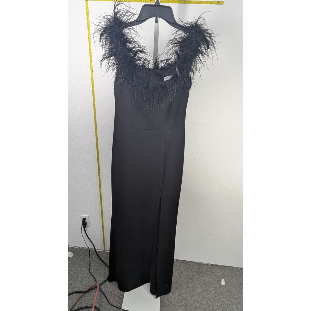 B. Darlin Black Feather Trim Off Shoulder Maxi Dress Slit Gown 4XGZ237 Size 9/10